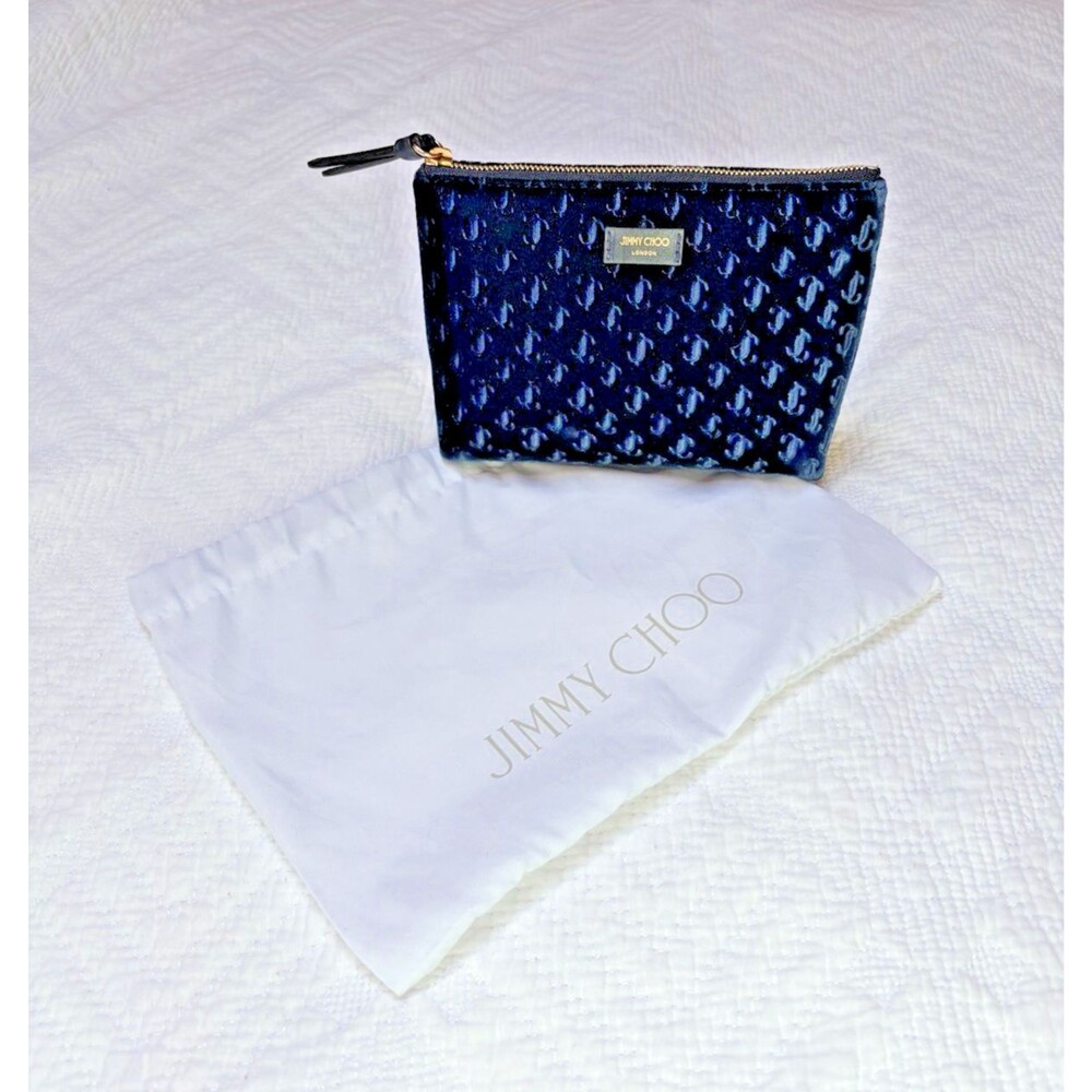 Jimmy Choo Blue Embossed Velvet Monogram Clutch Cosmetic Bag New w/Card Dust Bag